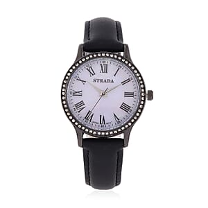 Strada Japanese Movement Simulated MOP Carved Dial Watch With Black Faux Leather Strap (34mm) 