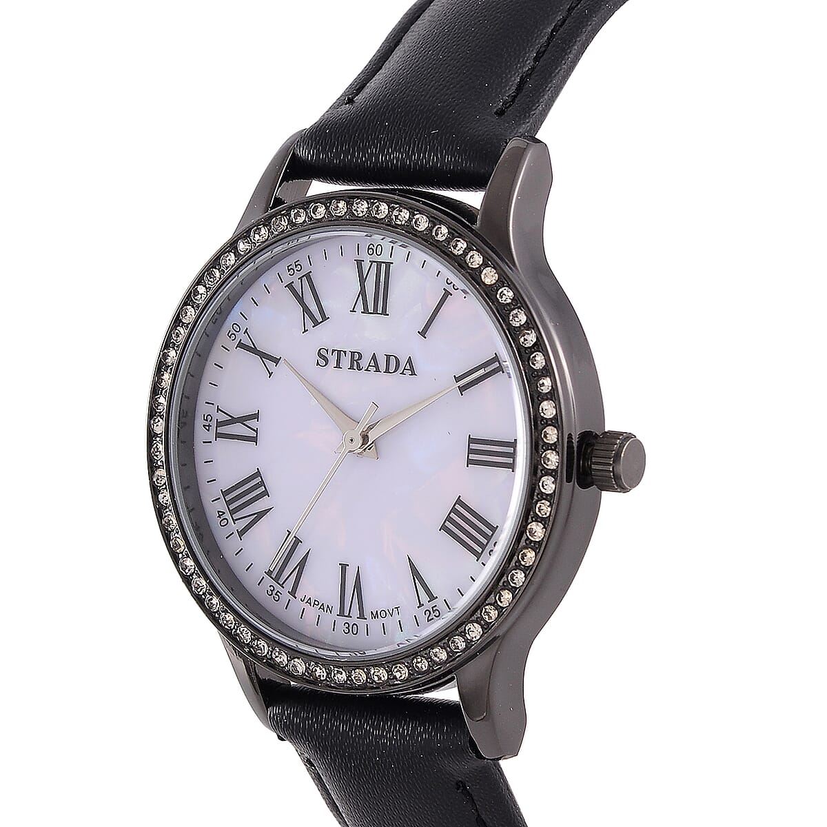 Strada Japanese Movement Simulated MOP Carved Dial Watch With Black Faux Leather Strap (34mm)  image number 2