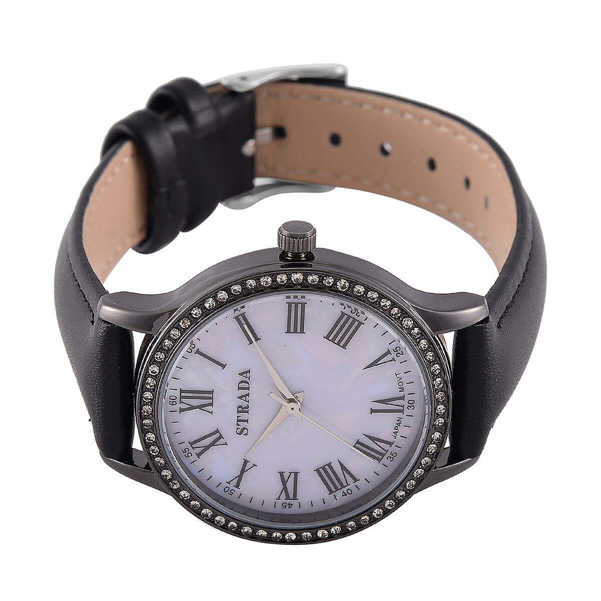 Strada Japanese Movement Simulated MOP Carved Dial Watch With Black Faux Leather Strap (34mm)  image number 3