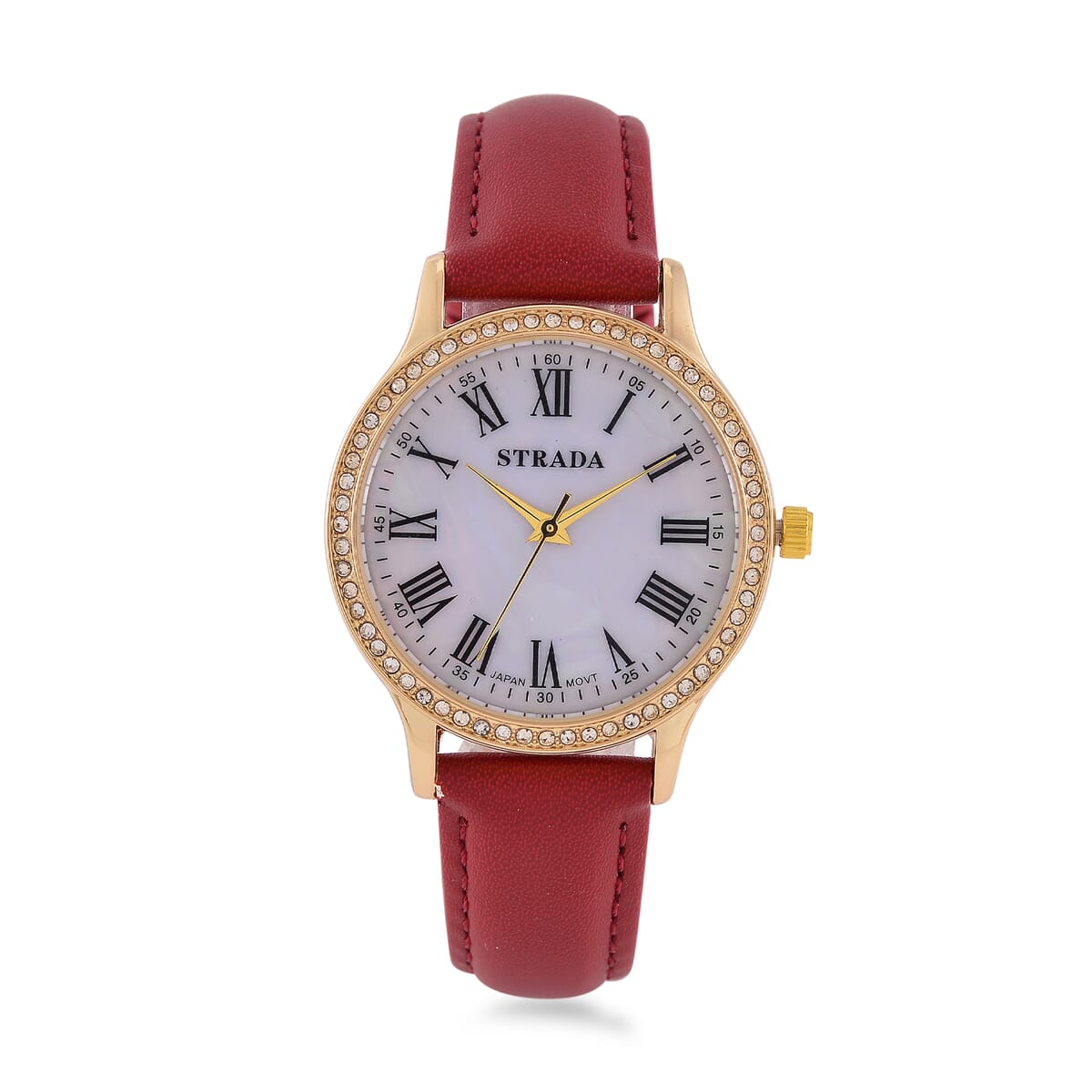 Strada Japanese Movement Simulated MOP Carved Dial Watch With Wine Red Faux Leather Strap (34mm) image number 0