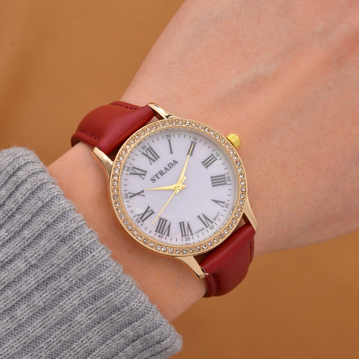 Strada Japanese Movement Simulated MOP Carved Dial Watch With Wine Red Faux Leather Strap (34mm) image number 1
