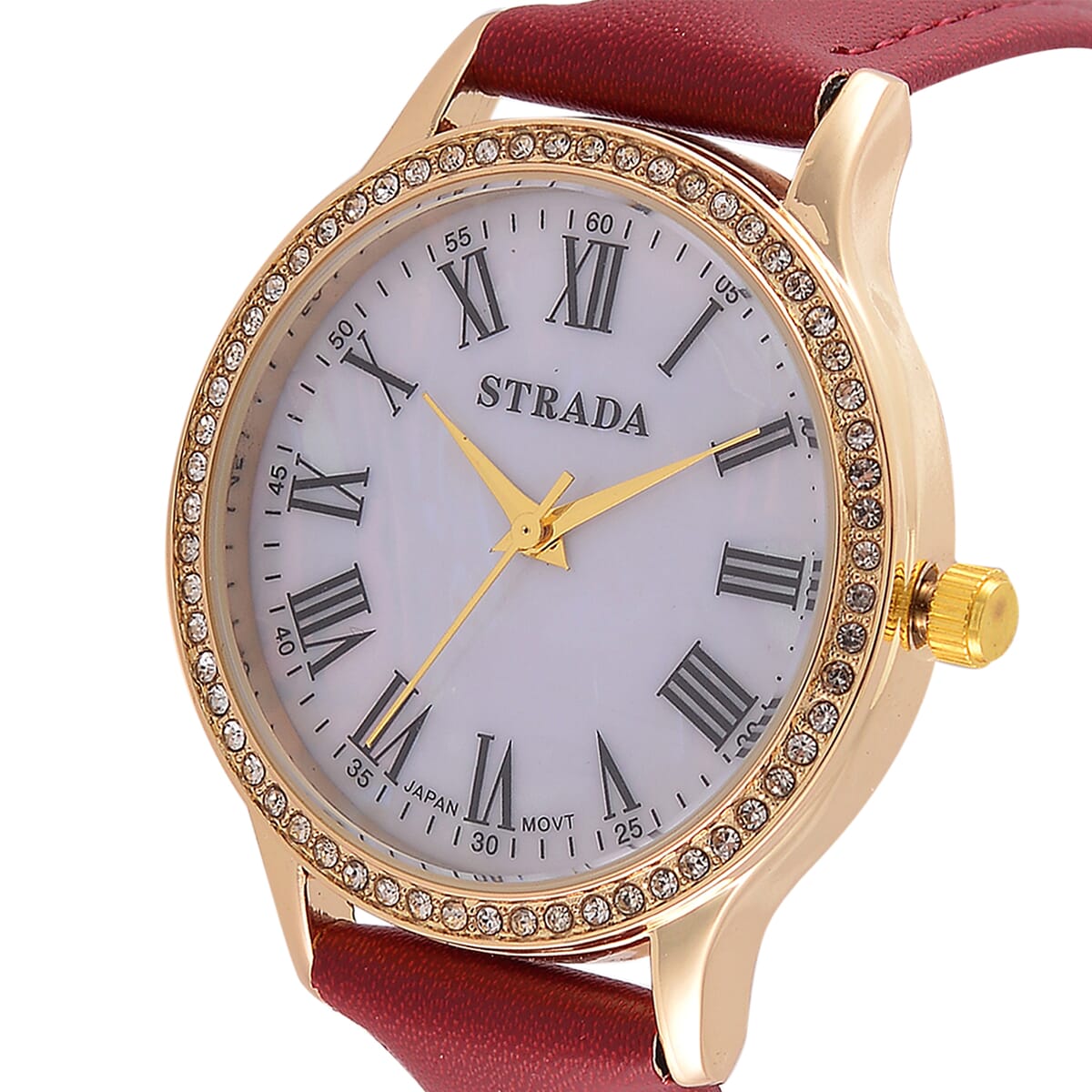 Strada Japanese Movement Simulated MOP Carved Dial Watch With Wine Red Faux Leather Strap (34mm) image number 2