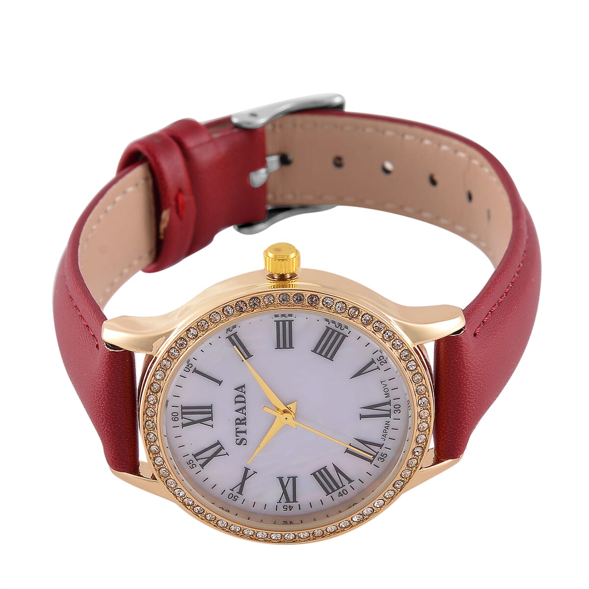 Strada Japanese Movement Simulated MOP Carved Dial Watch With Wine Red Faux Leather Strap (34mm) image number 3