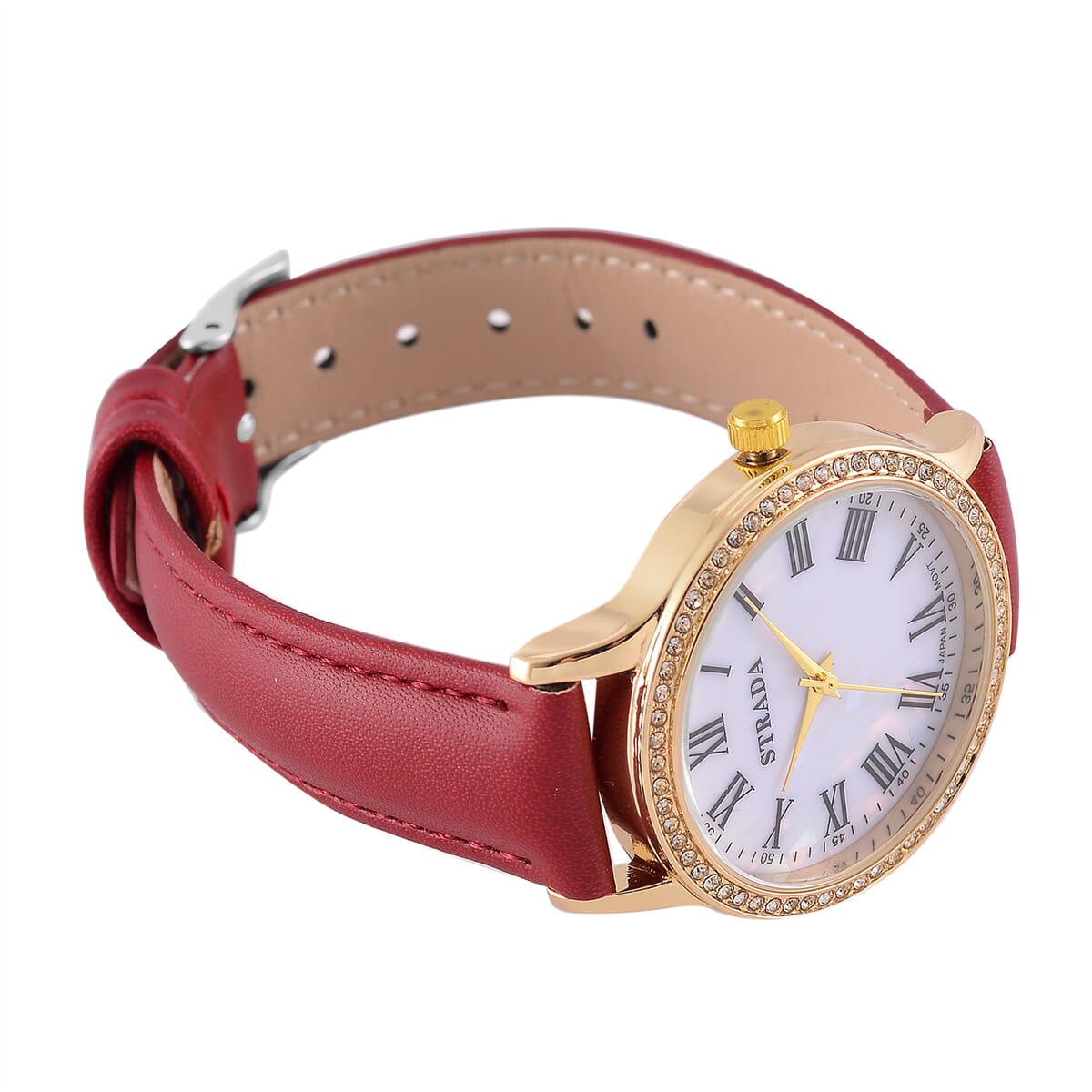Strada Japanese Movement Simulated MOP Carved Dial Watch With Wine Red Faux Leather Strap (34mm) image number 4