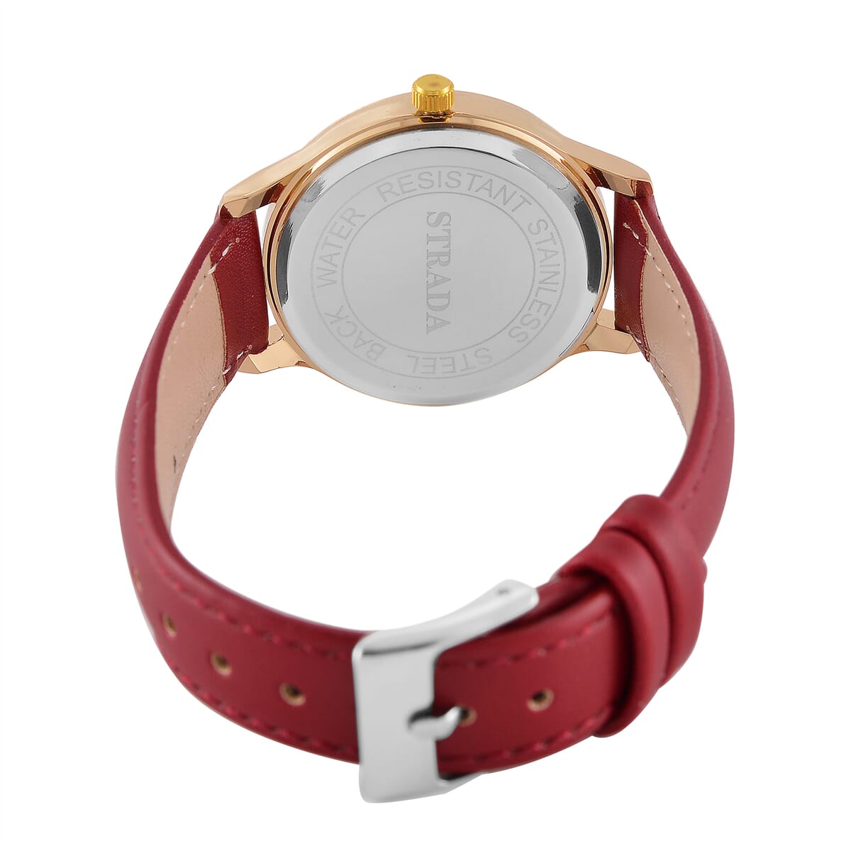 Strada Japanese Movement Simulated MOP Carved Dial Watch With Wine Red Faux Leather Strap (34mm) image number 5
