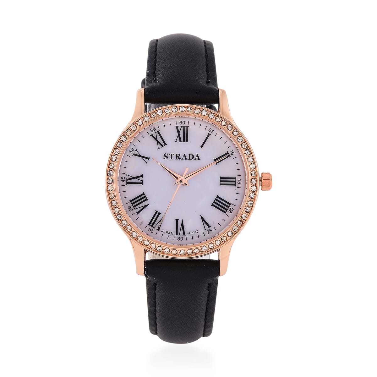 Strada Japanese Movement Simulated MOP Carved Dial Watch With Black Faux Leather Strap (34mm)  image number 0