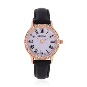 Strada Japanese Movement Simulated MOP Carved Dial Watch With Black Faux Leather Strap (34mm) 