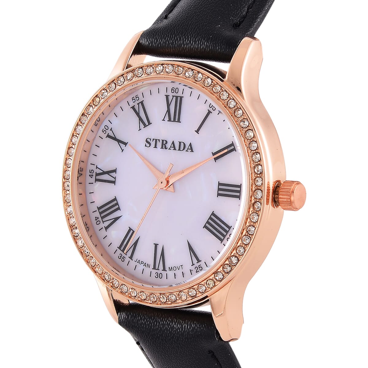 Strada Japanese Movement Simulated MOP Carved Dial Watch With Black Faux Leather Strap (34mm)  image number 2