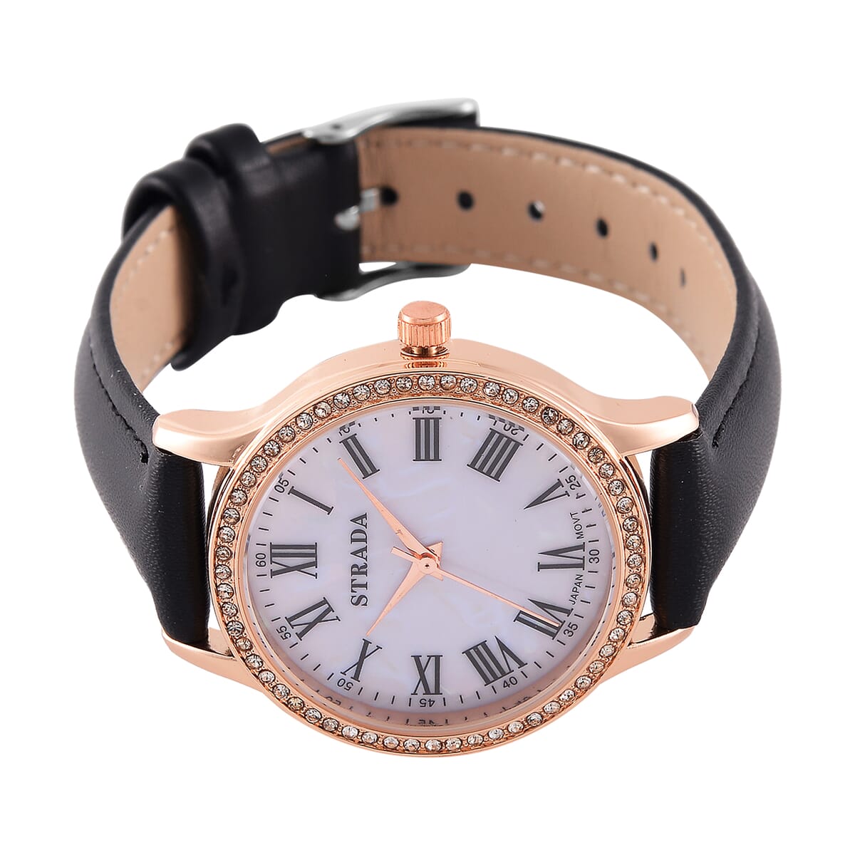 Strada Japanese Movement Simulated MOP Carved Dial Watch With Black Faux Leather Strap (34mm)  image number 3