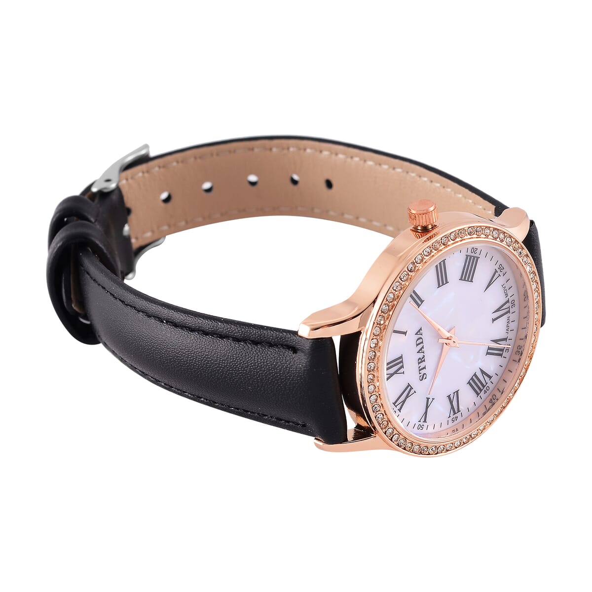 Strada Japanese Movement Simulated MOP Carved Dial Watch With Black Faux Leather Strap (34mm)  image number 4