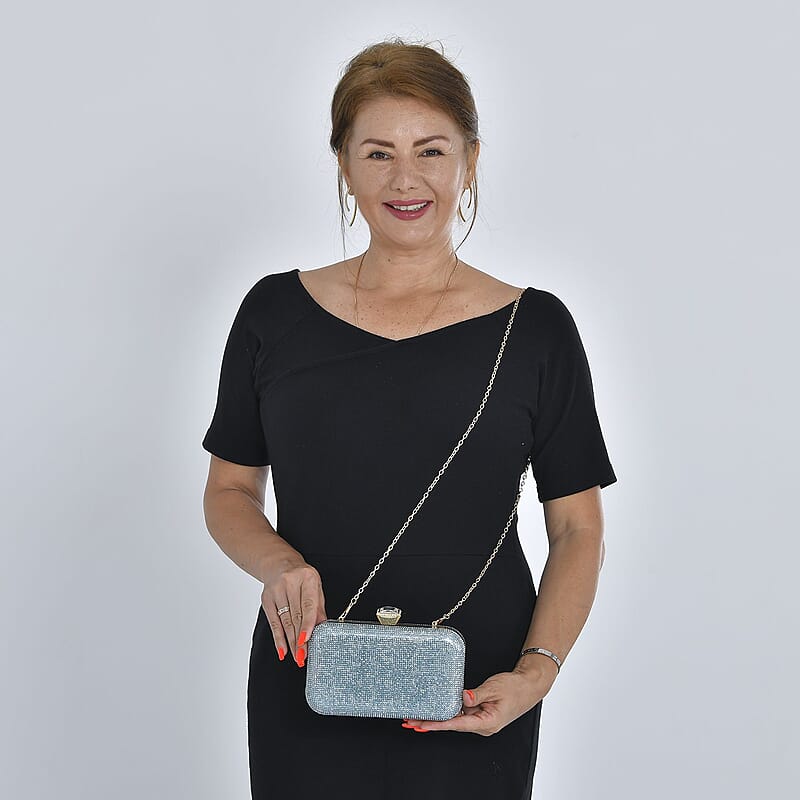 Blue Crystal Clutch Bag with 47 Inches Chain Strap