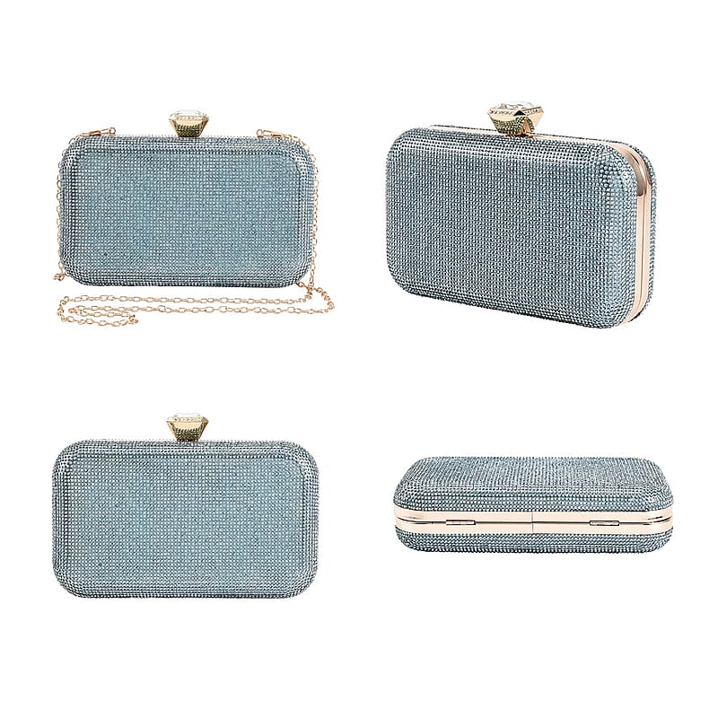 Blue Crystal Clutch Bag with 47 Inches Chain Strap