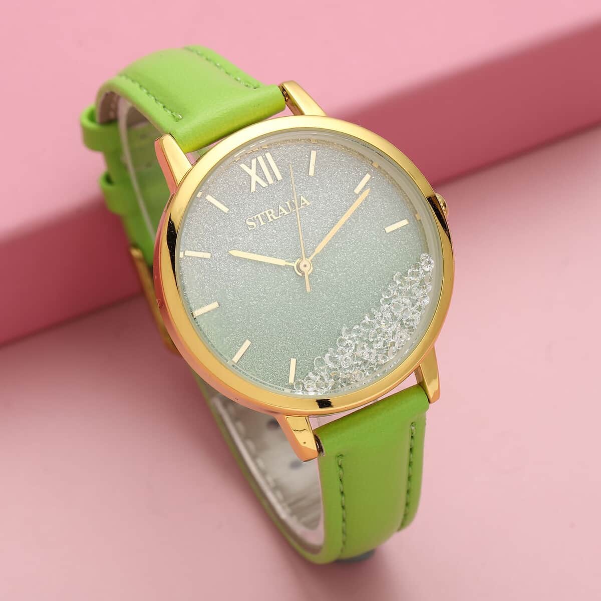 Strada Austrian Crystal Japanese Movement Stardust Dial Watch in Green Faux Leather Strap (34.79mm) (5.5-7.25 Inches) image number 1