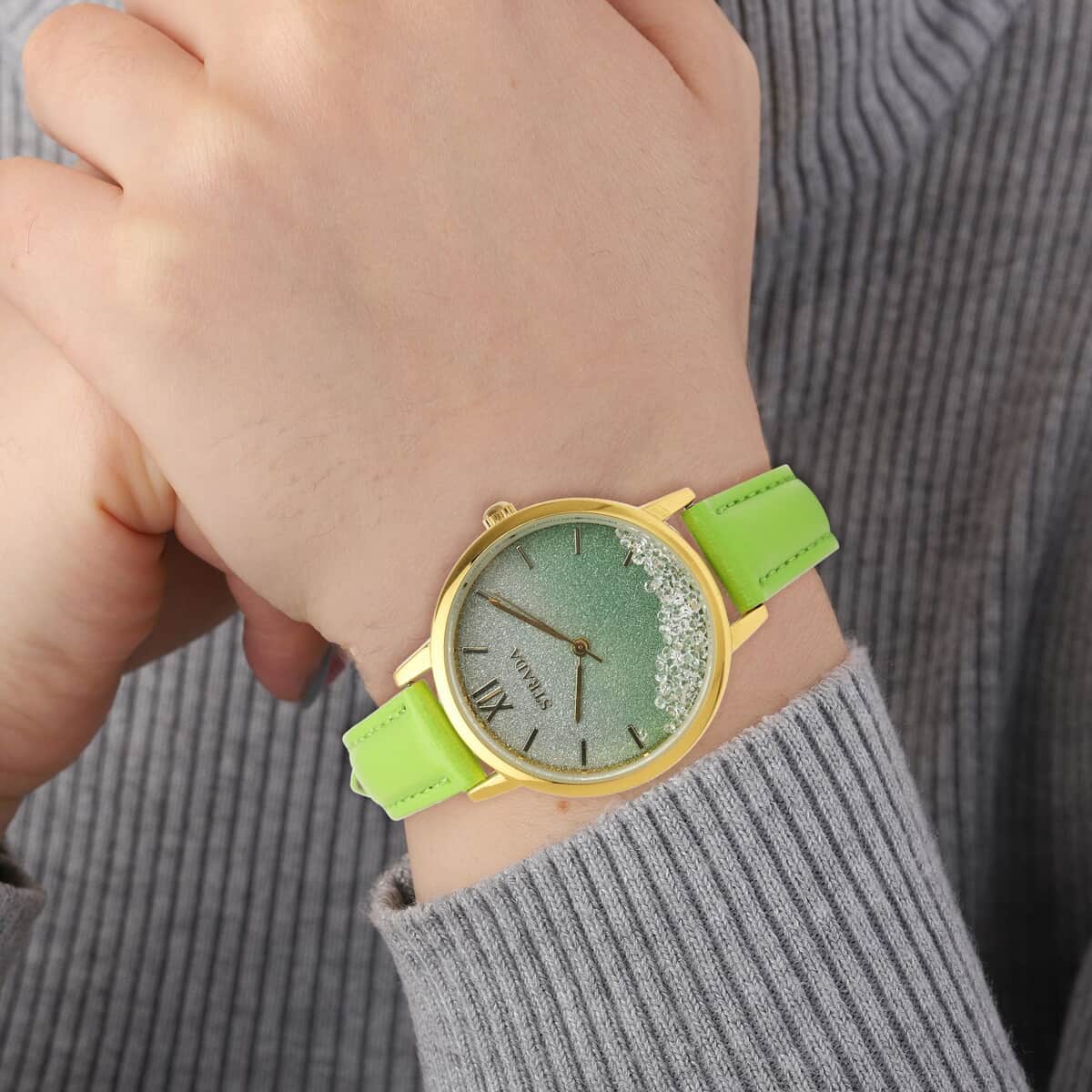 Strada Austrian Crystal Japanese Movement Stardust Dial Watch in Green Faux Leather Strap (34.79mm) (5.5-7.25 Inches) image number 2