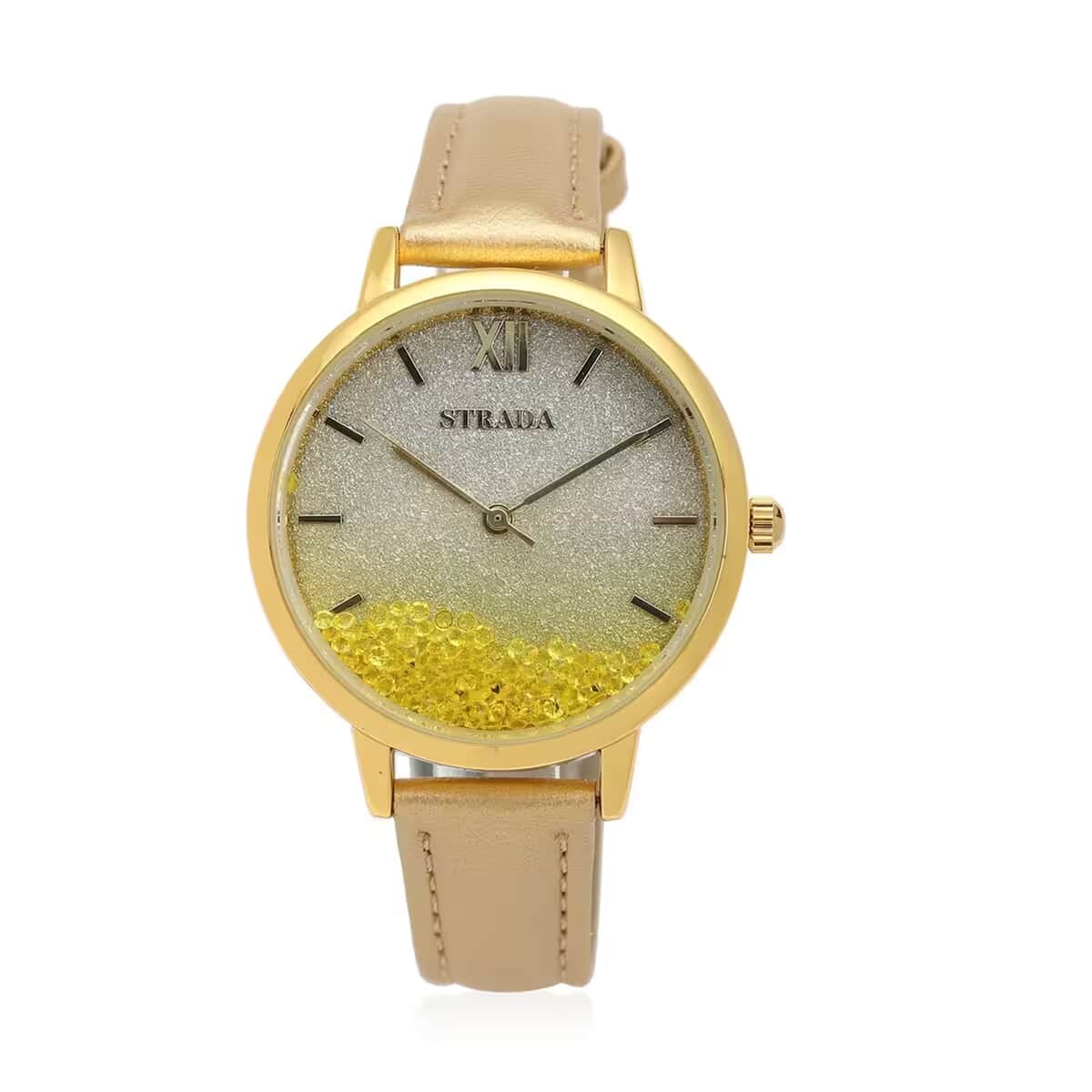 Strada Yellow Austrian Crystal Japanese Movement Stardust Dial Watch in Gold Faux Leather Strap (34.79mm) (5.5-7.25 Inches) image number 0