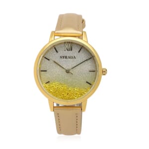 Strada Yellow Austrian Crystal Japanese Movement Stardust Dial Watch in Gold Faux Leather Strap (34.79mm) (5.5-7.25 Inches)