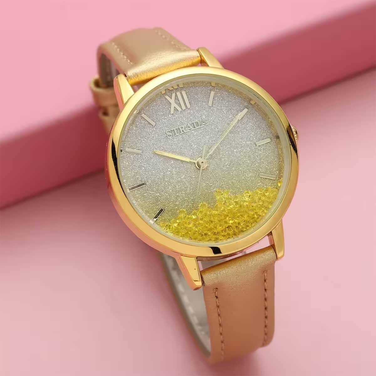 Strada Yellow Austrian Crystal Japanese Movement Stardust Dial Watch in Gold Faux Leather Strap (34.79mm) (5.5-7.25 Inches) image number 1