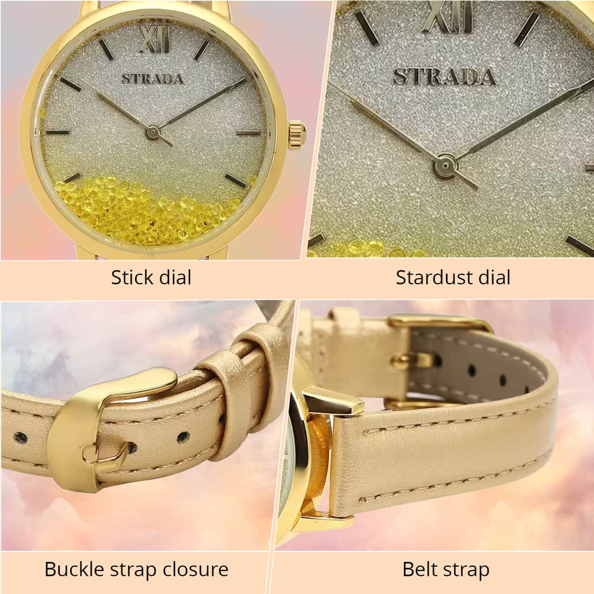 Strada Yellow Austrian Crystal Japanese Movement Stardust Dial Watch in Gold Faux Leather Strap (34.79mm) (5.5-7.25 Inches) image number 2