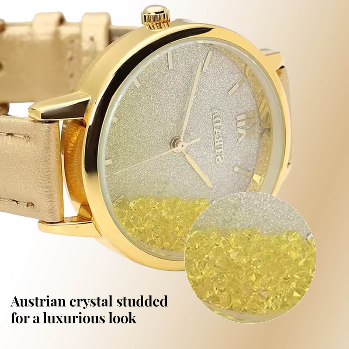 Strada Yellow Austrian Crystal Japanese Movement Stardust Dial Watch in Gold Faux Leather Strap (34.79mm) (5.5-7.25 Inches) image number 4