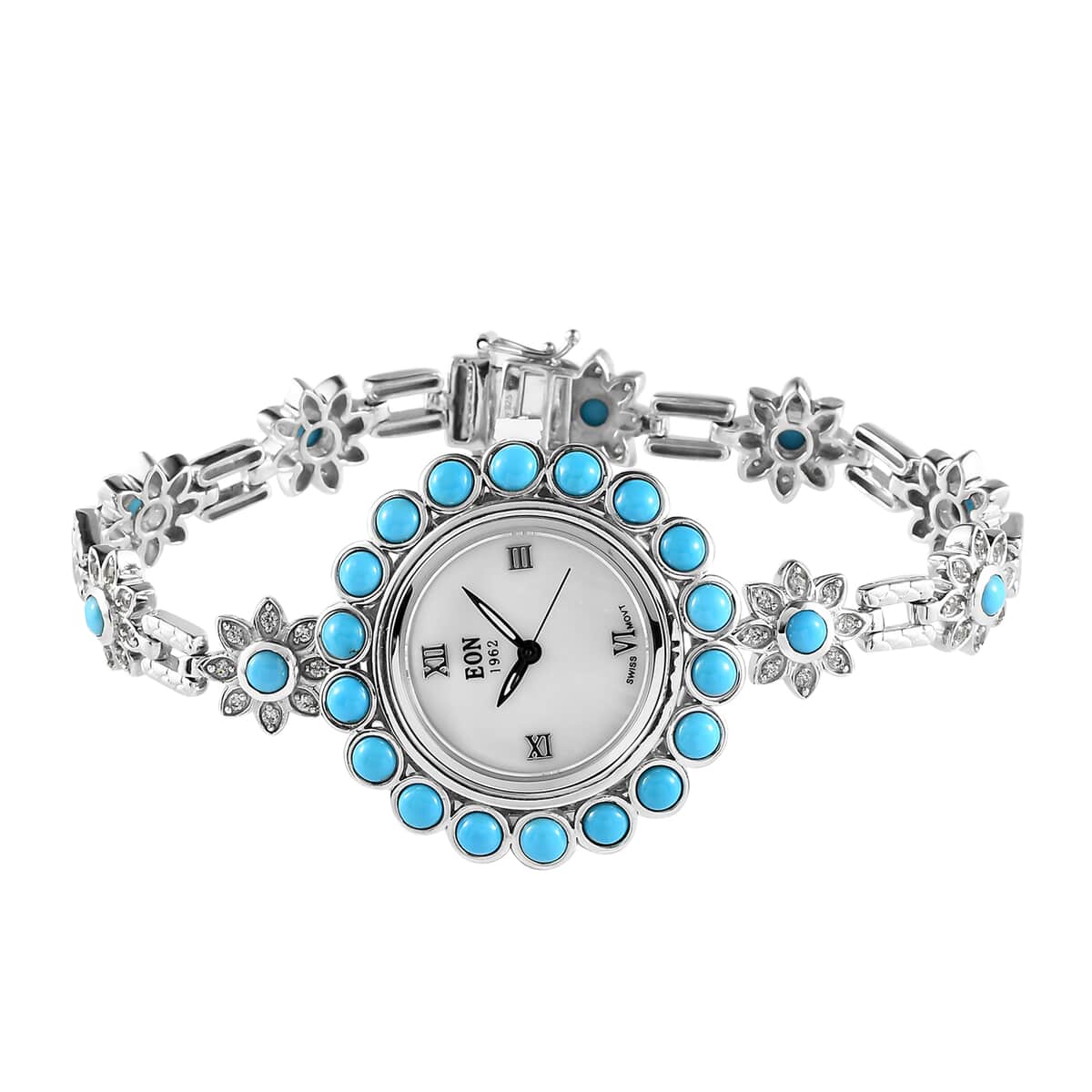EON 1962 American SB Turquoise and Zircon Swiss Movement Bracelet Watch in Platinum Over Sterling Silver (Up to 6.50 Inches) 25.20g 8.25 ctw image number 0