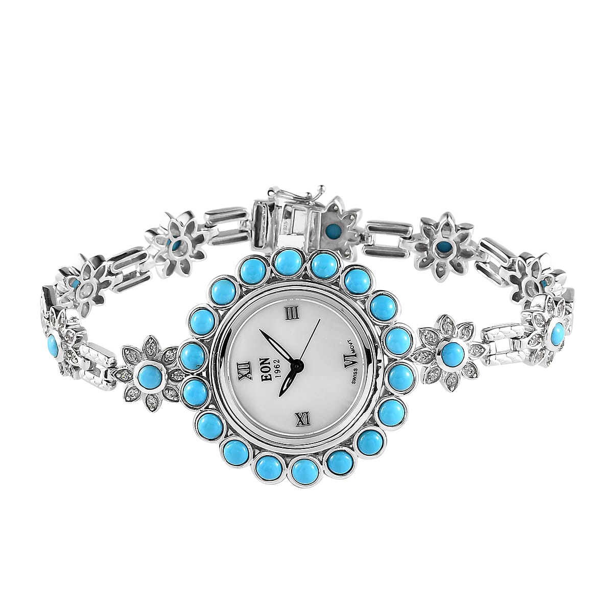 EON 1962 AMERICAN Natural Sleeping Beauty Turquoise and Natural White Zircon Swiss Movement Bracelet Watch in Platinum Over Sterling Silver (Up to 6.50 Inches) 25.20 Grams 8.25 ctw image number 0