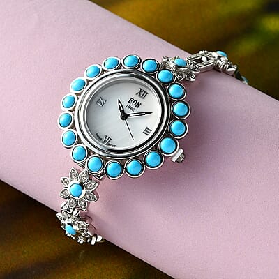 EON 1962 American SB Turquoise and Zircon Swiss Movement Bracelet Watch in Platinum Over Sterling Silver (Up to 6.50 Inches) 25.20g 8.25 ctw