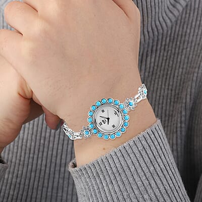 EON 1962 American SB Turquoise and Zircon Swiss Movement Bracelet Watch in Platinum Over Sterling Silver (Up to 6.50 Inches) 25.20g 8.25 ctw