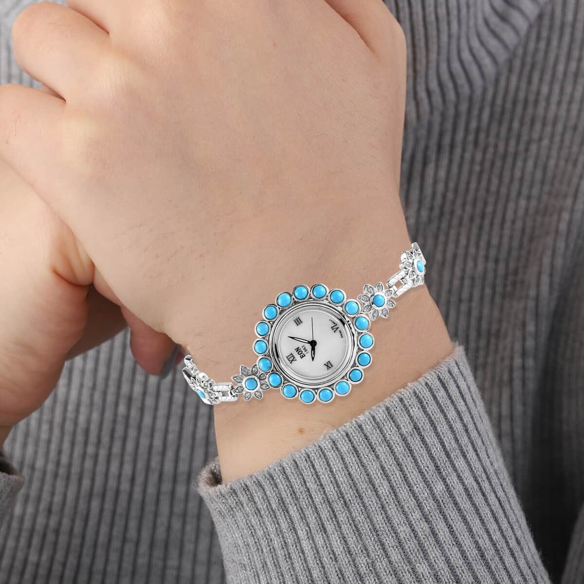 EON 1962 American SB Turquoise and Zircon Swiss Movement Bracelet Watch in Platinum Over Sterling Silver (Up to 6.50 Inches) 25.20g 8.25 ctw image number 2