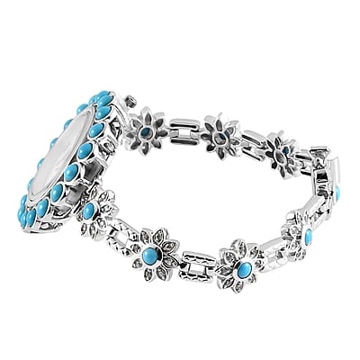 EON 1962 American SB Turquoise and Zircon Swiss Movement Bracelet Watch in Platinum Over Sterling Silver (Up to 6.50 Inches) 25.20g 8.25 ctw