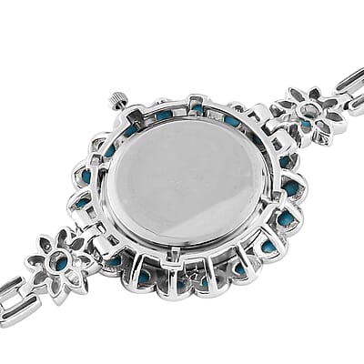 EON 1962 American SB Turquoise and Zircon Swiss Movement Bracelet Watch in Platinum Over Sterling Silver (Up to 6.50 Inches) 25.20g 8.25 ctw