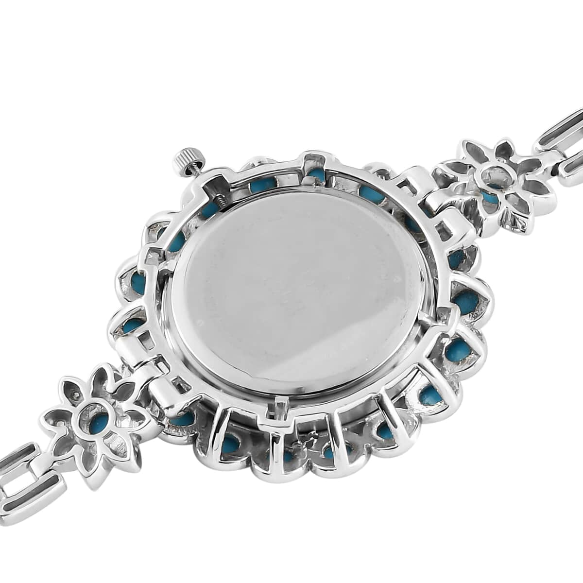 EON 1962 American SB Turquoise and Zircon Swiss Movement Bracelet Watch in Platinum Over Sterling Silver (Up to 6.50 Inches) 25.20g 8.25 ctw image number 5