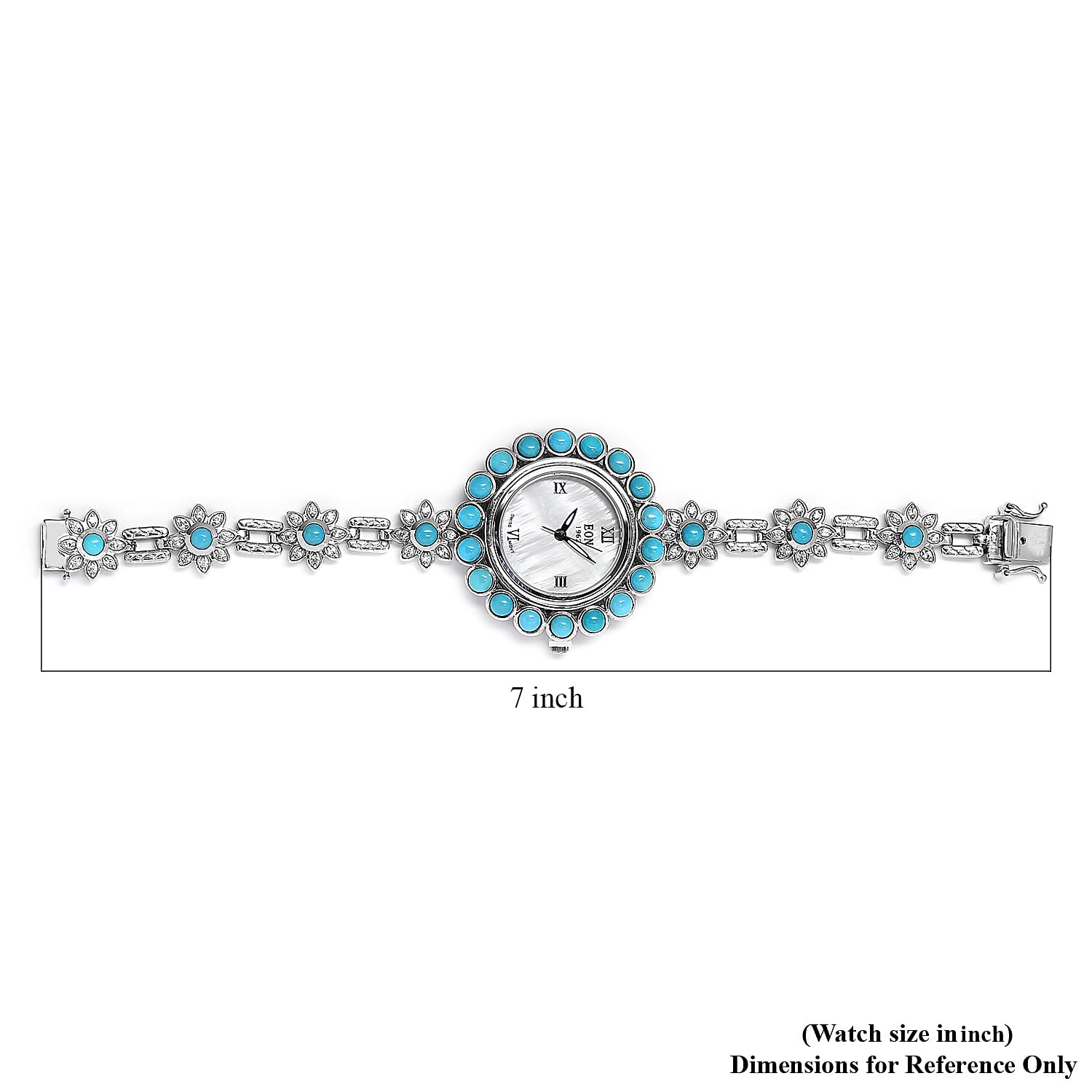EON 1962 American SB Turquoise and Zircon Swiss Movement Bracelet Watch in Platinum Over Sterling Silver (Up to 6.50 Inches) 25.20g 8.25 ctw