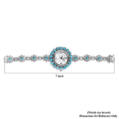EON 1962 American SB Turquoise and Zircon Swiss Movement Bracelet Watch in Platinum Over Sterling Silver (Up to 6.50 Inches) 25.20g 8.25 ctw