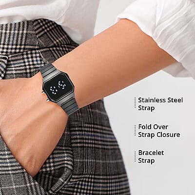 Strada Electronic Movement Digital Watch with ION Plated Black Stainless Steel Strap (41x37mm) (6.75-8.50 Inch)