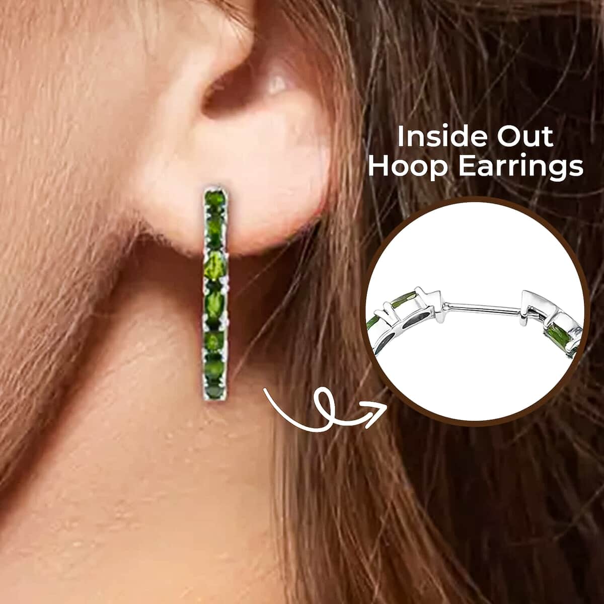 Chrome Diopside Inside Out Hoop Earrings, Platinum Over Sterling Silver Earrings, In Out Silver Hoops, Diopside Hoops 7.40 ctw image number 2