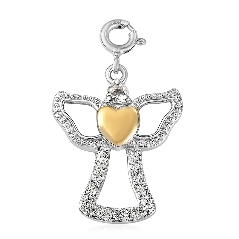 Petalite and White Zircon Angel Heart Charm in Vermeil Yellow Gold and Sterling Silver 0.40 ctw
