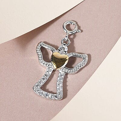 Petalite and White Zircon Angel Heart Charm in Vermeil Yellow Gold and Sterling Silver 0.40 ctw