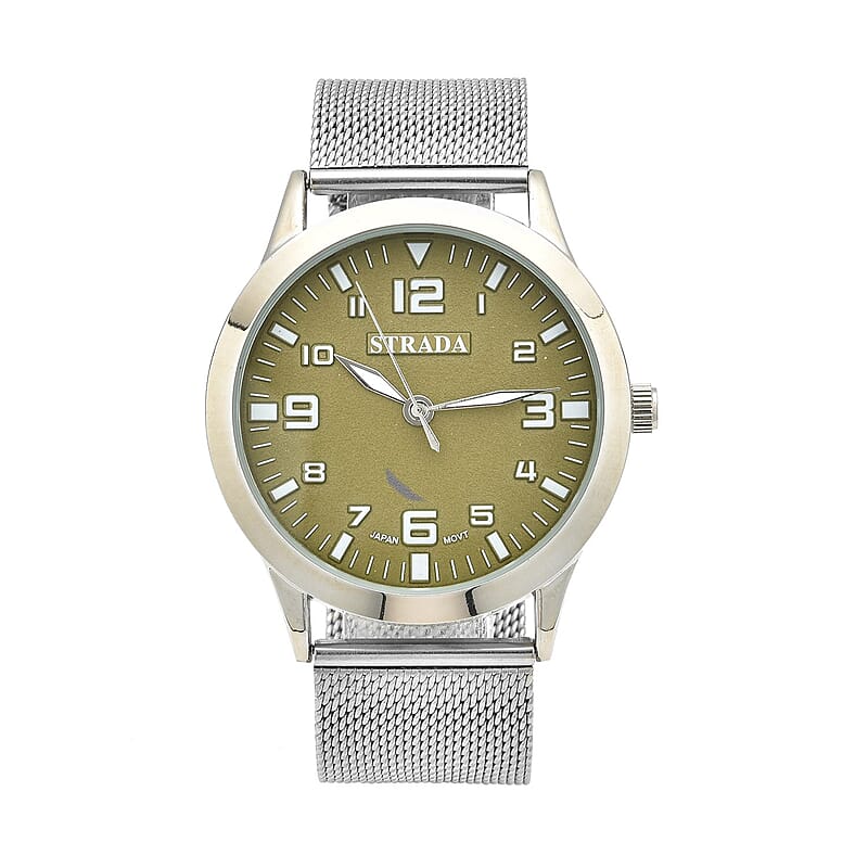 Strada Japanese Movement Dark Green Corrosion Watch with Stainless Steel Mesh Strap (42mm) (7.25-8.25Inches)