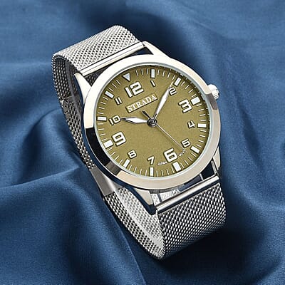 Strada Japanese Movement Dark Green Corrosion Watch with Stainless Steel Mesh Strap (42mm) (7.25-8.25Inches)