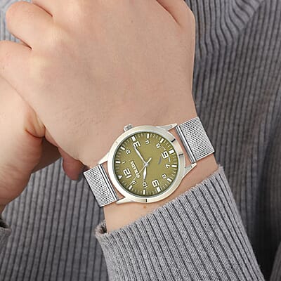 Strada Japanese Movement Dark Green Corrosion Watch with Stainless Steel Mesh Strap (42mm) (7.25-8.25Inches)
