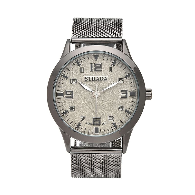 Strada Japanese Movement Gray Corrosion Watch with Stainless Steel Mesh Strap (42mm) (7.25-8.25Inches)