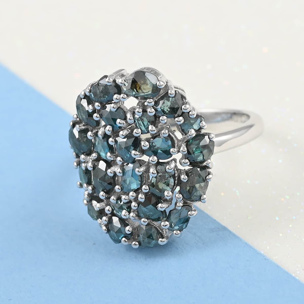 Blue Diamond (IR) Cluster Ring in Rhodium Over Sterling Silver 3.00 ctw image number 1