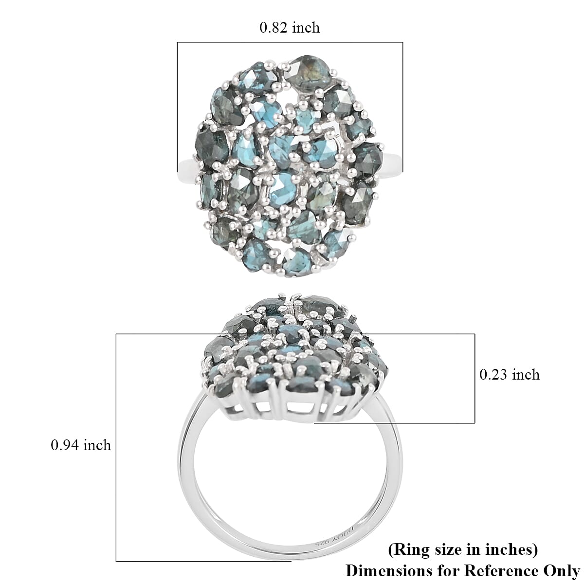 Blue Diamond (IR) Cluster Ring in Rhodium Over Sterling Silver (Size 5.0) 3.00 ctw