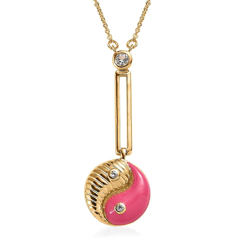 White Topaz Pink Enameled Yin Yang Paperclip Necklace 18 Inches in Vermeil Yellow Gold Over Sterling Silver 0.15 ctw