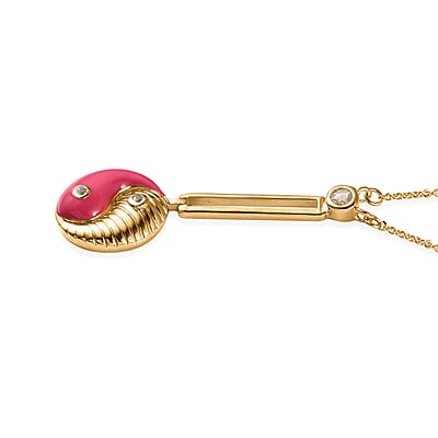 White Topaz Pink Enameled Yin Yang Paperclip Necklace 18 Inches in Vermeil Yellow Gold Over Sterling Silver 0.15 ctw