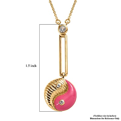 White Topaz Pink Enameled Yin Yang Paperclip Necklace 18 Inches in Vermeil Yellow Gold Over Sterling Silver 0.15 ctw