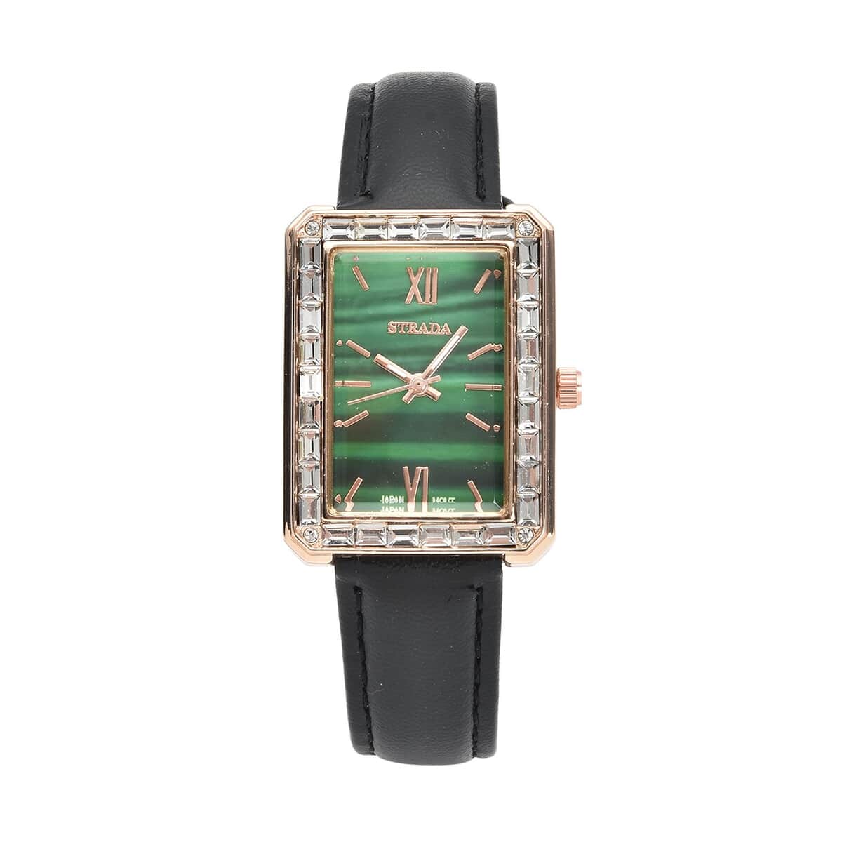 Strada Austrian Crystal Japanese Movement Simulated Malachite Dial Watch with Black Faux Leather Strap (33x26mm) (7.0-8.0Inches) image number 0