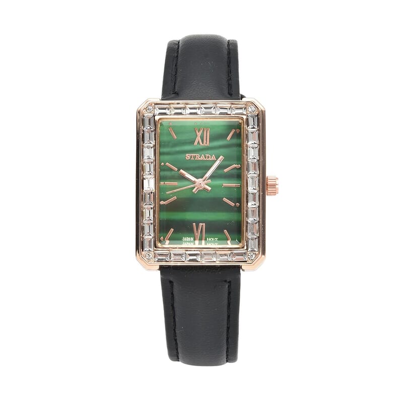 Strada Austrian Crystal Japanese Movement Simulated Malachite Dial Watch with Black Faux Leather Strap (33x26mm) (7.0-8.0Inches)