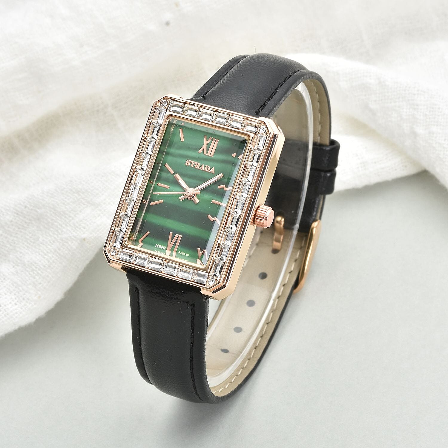Strada Austrian Crystal Japanese Movement Simulated Malachite Dial Watch with Black Faux Leather Strap (33x26mm) (7.0-8.0Inches)
