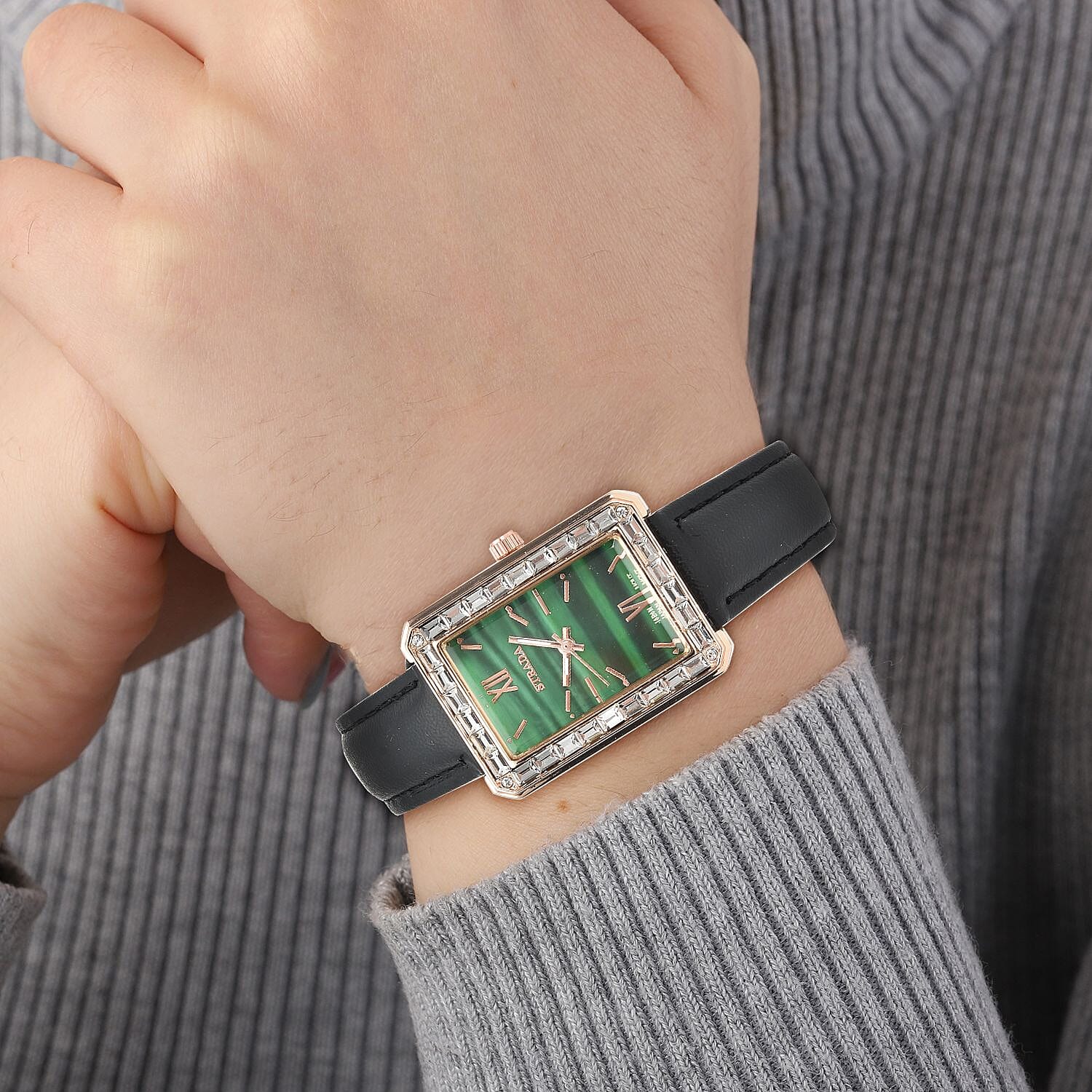 Strada Austrian Crystal Japanese Movement Simulated Malachite Dial Watch with Black Faux Leather Strap (33x26mm) (7.0-8.0Inches)